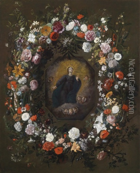 Eine Blumengirlande Um Eine Kartusche Mit Der Madonna Oil Painting - Jan Philip van Thielen