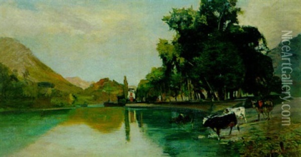 Kuhe Am Seeufer Oil Painting - Auguste Henry Berthoud