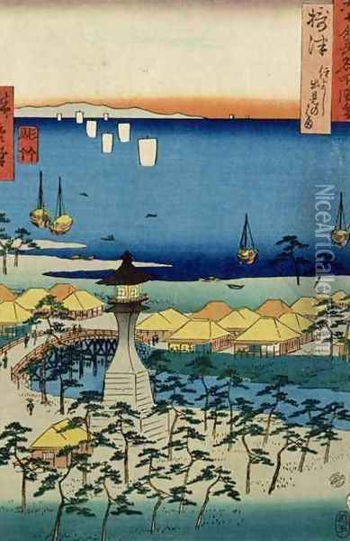 The Shore at Sumiyoshi showing the Village and Lighthouse Settsu Province from Famous Places of the Sixty Provinces Oil Painting - Utagawa or Ando Hiroshige