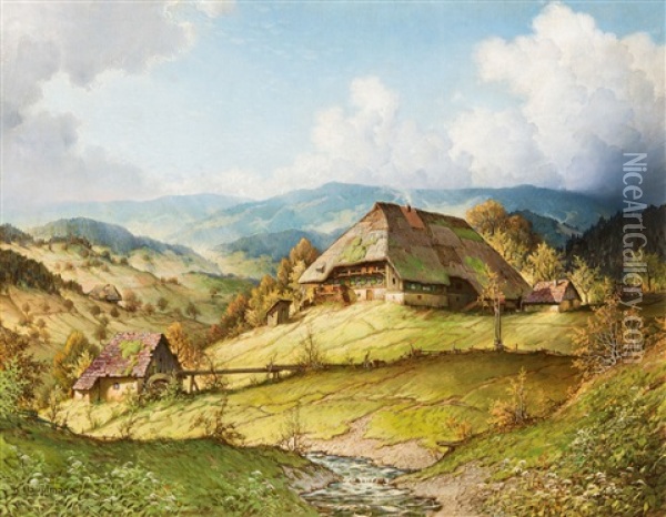 Schwarzwaldhof In Sommerlicher Landschaft Mit Stimmungsvoller Wolkenbildung Oil Painting - Karl Hauptmann