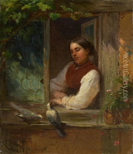 Christine Rumpf Am Fenster Mit Zwei Tauben Oil Painting - Peter Philipp Rumpf