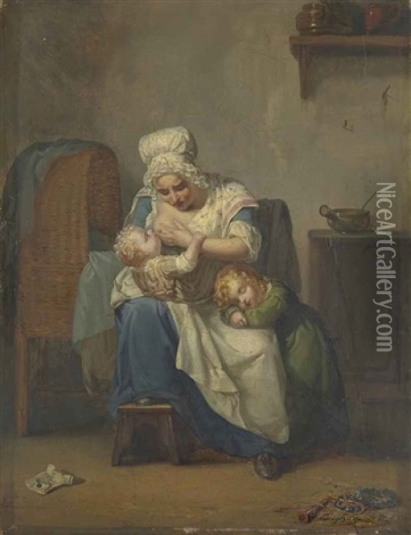 Une Nourrice Oil Painting - Jean-Baptiste Lecoeur
