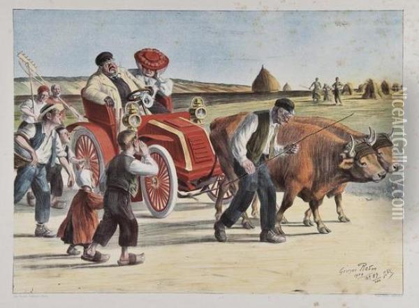 A Comic Early Motoring Scene Oil Painting - Georges Redon