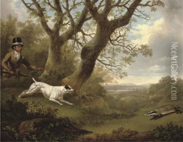 A Bull Terrier Approaching A Badger, With A Servant Looking On, In A Landscape Oil Painting - Charles Towne the Younger