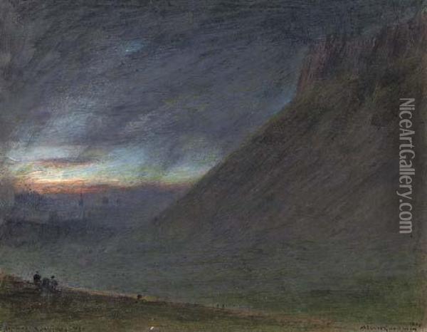 Edinburgh And Salisbury Crags At Sunset Oil Painting - Albert Goodwin