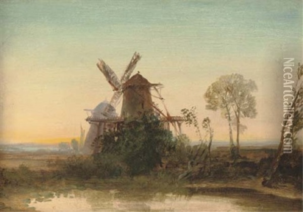 Windmills At Sunset Oil Painting - Edmund John Niemann