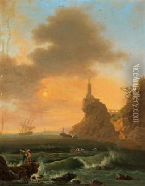 Costa Mediterranea Con Pescatori Sulla Riva Oil Painting - Francesco Fidanza