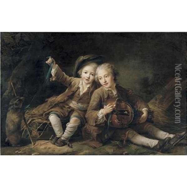 The Children Of The Duc De Bouillon Dressed As Montagnards; One Playing A Hurdy-gurdy, The Other Playing With A Marmot On A Ribbon Oil Painting - Francois Hubert Drouais