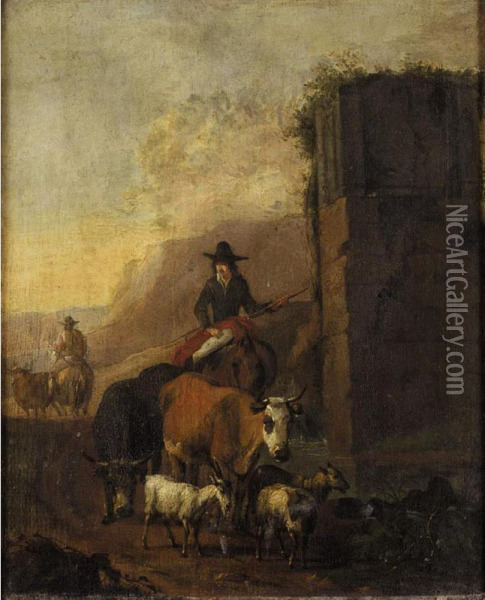 Drovers And Their Animals Beside A Ruin Oil Painting - Sebastian Heemskerck