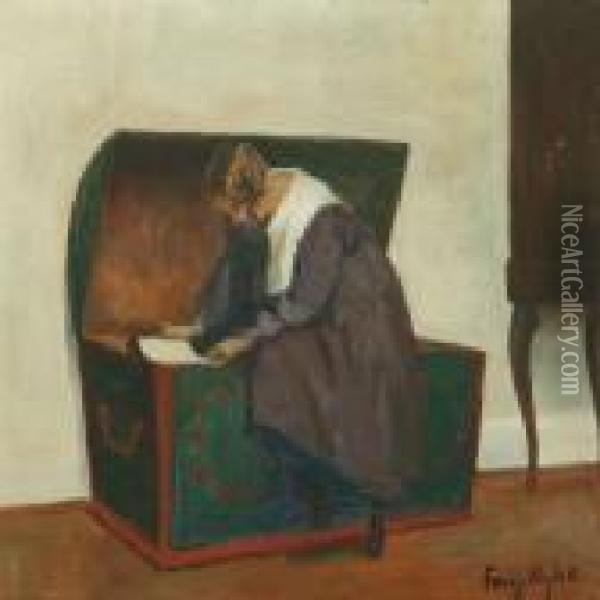Interior With A Woman By Achest Oil Painting - Poul Friis Nybo