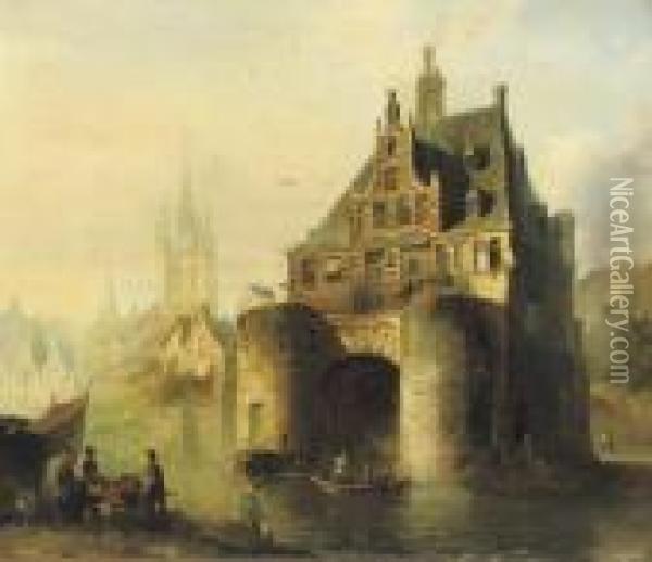 The Waterslootse Poort With The Oude Kerk Beyond, Delft Oil Painting - Pierre-Henri-Theodore Tetar van Elven