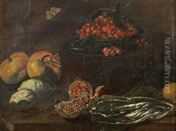 A Dish Of Cherries With Pomegranates, Lemons And Other Fruit And Vegetables With A Spotted Fritillary Butterfly On A Stone Ledge Oil Painting - Bartolommeo Bimbi