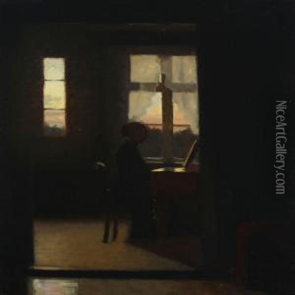 Interior With A Young Girl Playing The Piano Oil Painting - Johan Gudmann Rohde