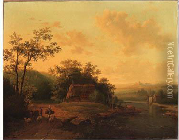 A River Landscape With Peasants On A Sandy Track Oil Painting - Acobus Loernsz. Sorensen