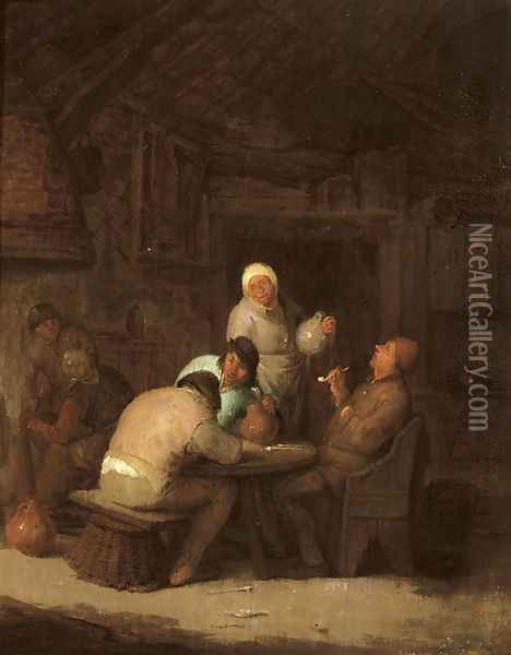 Peasants seated around a table smoking and drinking Oil Painting - Adriaen Jansz. Van Ostade