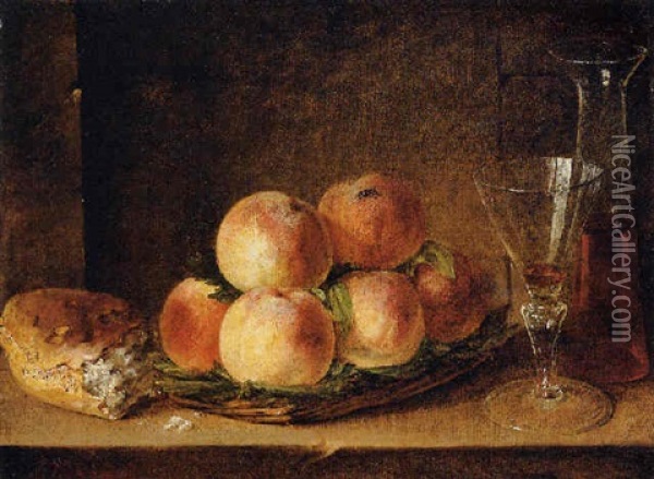 Peaches On A Straw Dish, A Bread Roll, A Wineglass And A Pitcher Of Wine On A Stone Ledge Oil Painting - Henri Horace Roland de la Porte