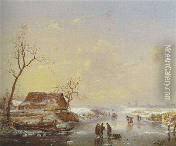 A Winter Landscape With Figures On A Frozen River Oil Painting - Albert Eduard Moerman
