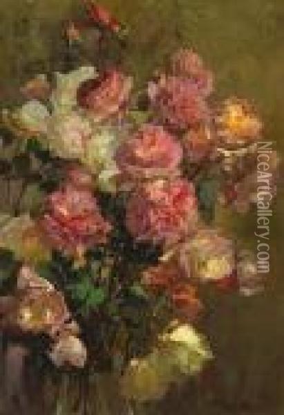 A Glass Vase Full Of Roses Oil Painting - Franz Bischoff