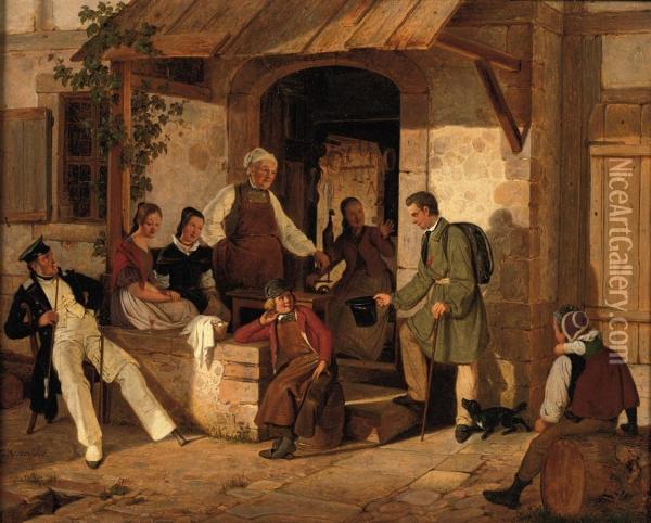 Figures Conversing Outside An Inn Oil Painting - Carl Julius Hermann Schroder