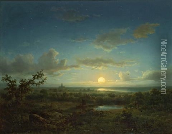 A Moonlit Landscape With A Church In The Distance Oil Painting - Jacobus Loerenz Sorensen