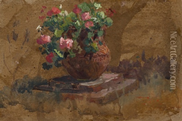 Still Life Of Terracotta Pot With Flowers Oil Painting - Colin Campbell Cooper