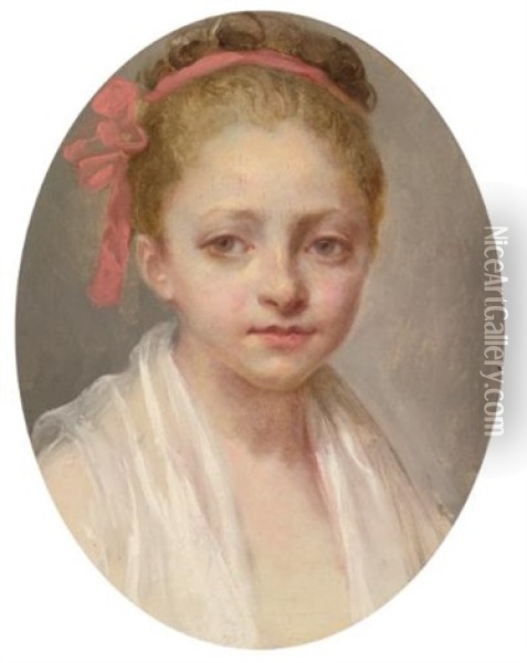 Portrait Of A Girl, Head And Shoulders, Wearing A White Chemise, A Red Ribbon In Her Hair Oil Painting - Nicolas Bernard Lepicie