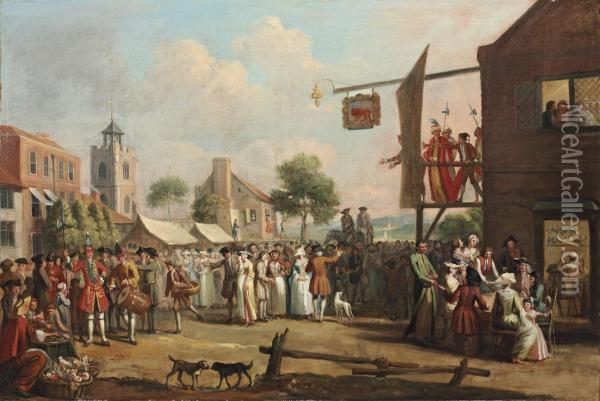 A Fair, With A Crowd Gathered In A Square By The Red Lion Inn, With Actors On Balcony, And A Recruiting Officer And Drummer Beside A Stall Oil Painting - John Laguerre