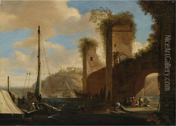 Harbor Scene With Ships, Ruins And Figures By An Archway Oil Painting - Theodoro Filippo Di Liagno