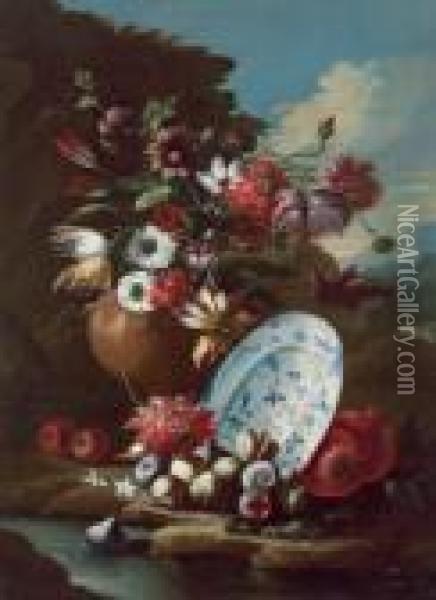 Natura Morta Di Un Vaso Di Fiori E Frutta Con Piatto In Paesaggio Oil Painting - Gasparo Lopez