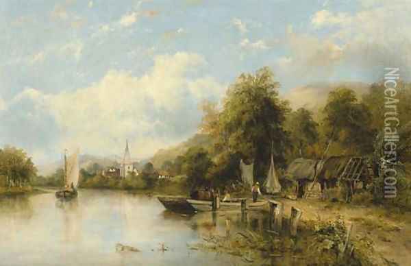 A wooded river landscape with a ferry in the foreground and a village beyond, traditionally identified as 'On the Stour' Oil Painting - Frederick Waters Watts