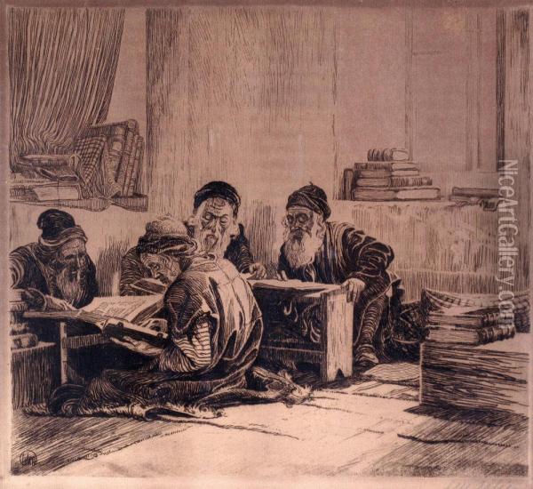 Talmud Readers Oil Painting - Ephraim Moshe Lilien