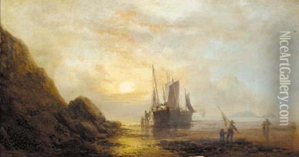 Fisherfolk On The Shore Oil Painting - James Webb