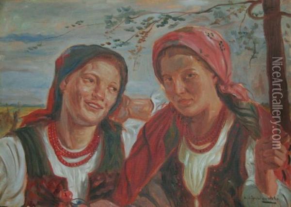 Dziewczyny W Strojach Ludowych Oil Painting - Wincenty Wodzinowski