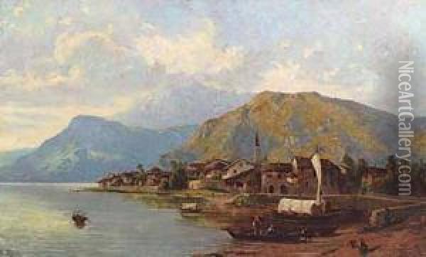 Veduta Di Paese Sul Lago Oil Painting - Guido Ricci