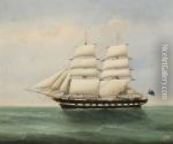 A British Ship Off A Coast. Oil Painting - Lai Fong