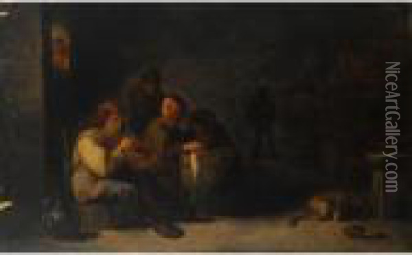 A Tavern Interior With Peasants Smoking Pipes Oil Painting - Adriaen Brouwer