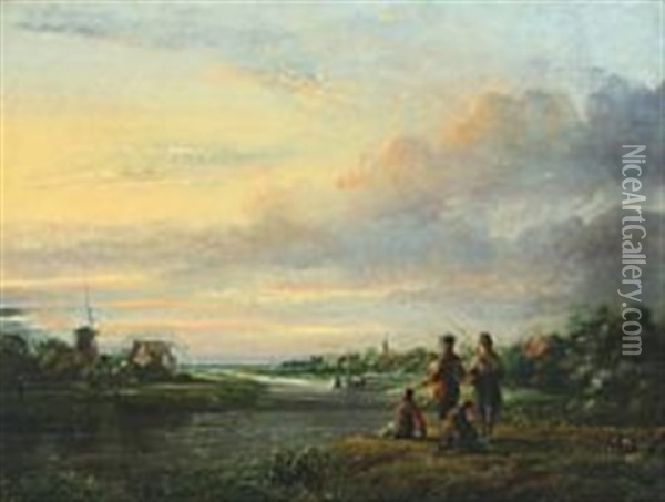 Two Men Fishing Along A River With Their Two Boys Oil Painting - Lambertus Johannes Hansen