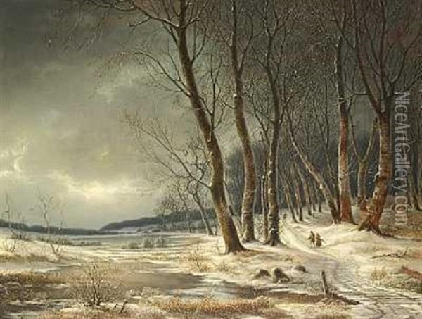 Vinter I Skoven Med Kone Og Mand, Der Sanker Braende Pa En Sti Oil Painting - Frederik Michael Ernst Fabritius de Tengnagel