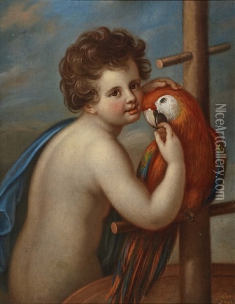Angel With Torch - Boy With Parrot Oil Painting - Anton Zeller