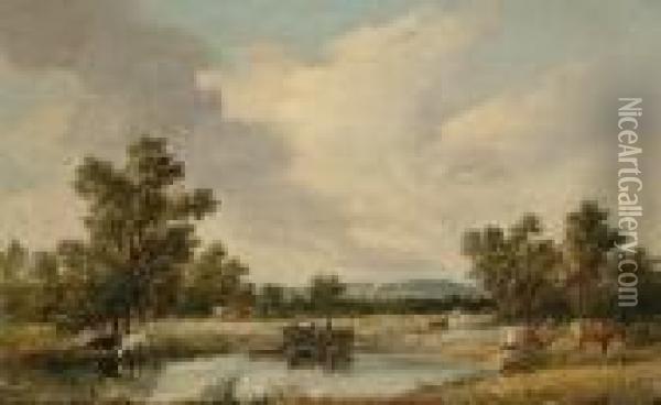 Figures And Cattle By A River, Believed To Be The River Gipping Near Ipswich Oil Painting - Alfred Vickers