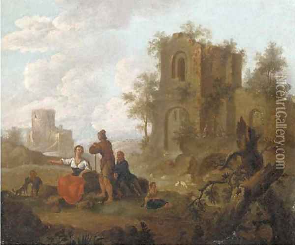 A landscape with figures conversing before ruins; and A river landscape with figures conversing before ruins Oil Painting - Franz Ferg