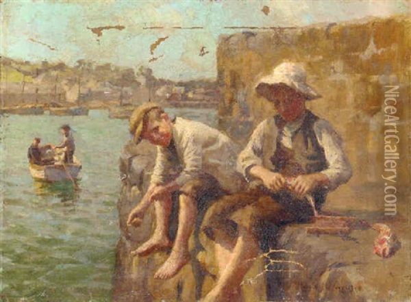 Boys Fishing On A Quay Oil Painting - Harold Harvey