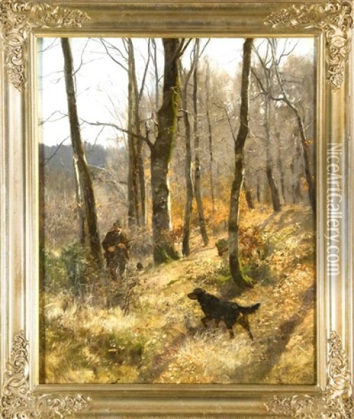 Jager Mit Jagdhund In Einem Herbstlichen Waldstuck Oil Painting - Josef Schmitzberger