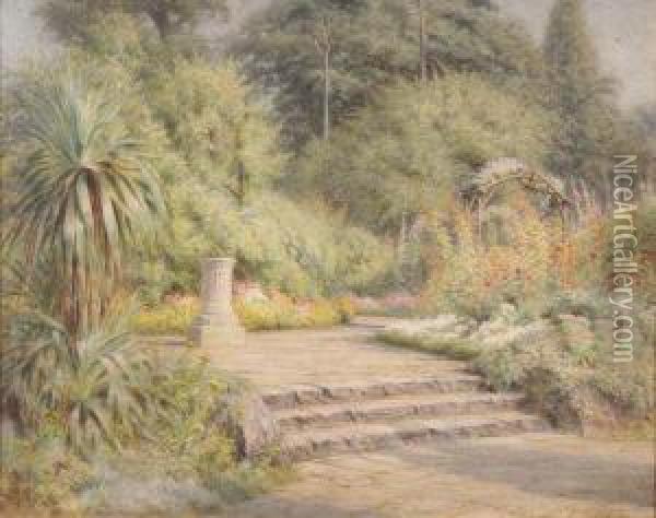 A Colourful Floral Garden With Steps Leading To A Sundial Oil Painting - Alfred C. Weatherhouse