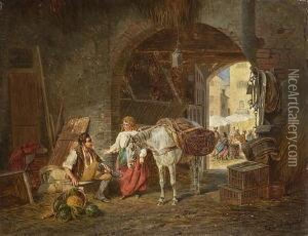 Italienisches Bauernpaar Mit
 Lasttier Im Stall. Oil Painting - Franz Quaglio