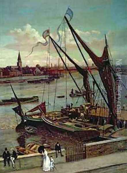 Unloading the Barge Lindsay Jetty and Battersea Church Oil Painting - Walter Greaves