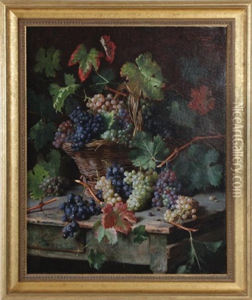 Harvest Of Grapes On Rustic Table Still Life Oil Painting - Oreste Costa