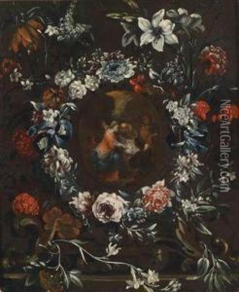 A Wreath Of Flowers Surrounding A Medallion With The Adoration Of The Shepherds Oil Painting - Giovanni Stanchi