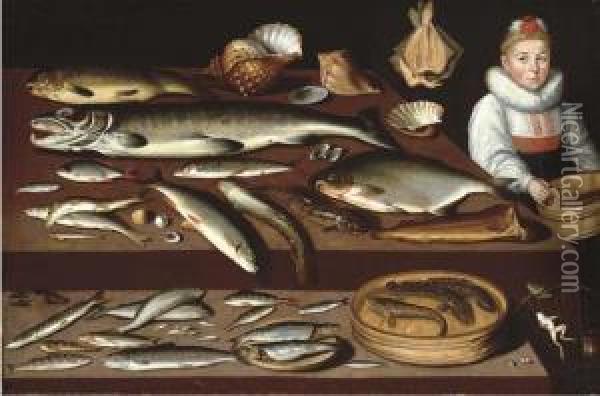 A Table Laden With A Salmon, 
Cod, A Blond Ray, Pike, Herring And Other Fish And Shells With A Girl 
Holding A Wooden Pail Oil Painting - Albrecht Kauw