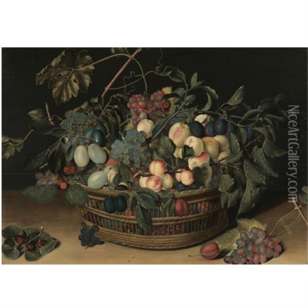 Still Life With Peaches, Apricots, Plums, Greengages And Grapes In A Wicker Basket On A Wooden Tabletop Oil Painting - Jacob van Hulsdonck
